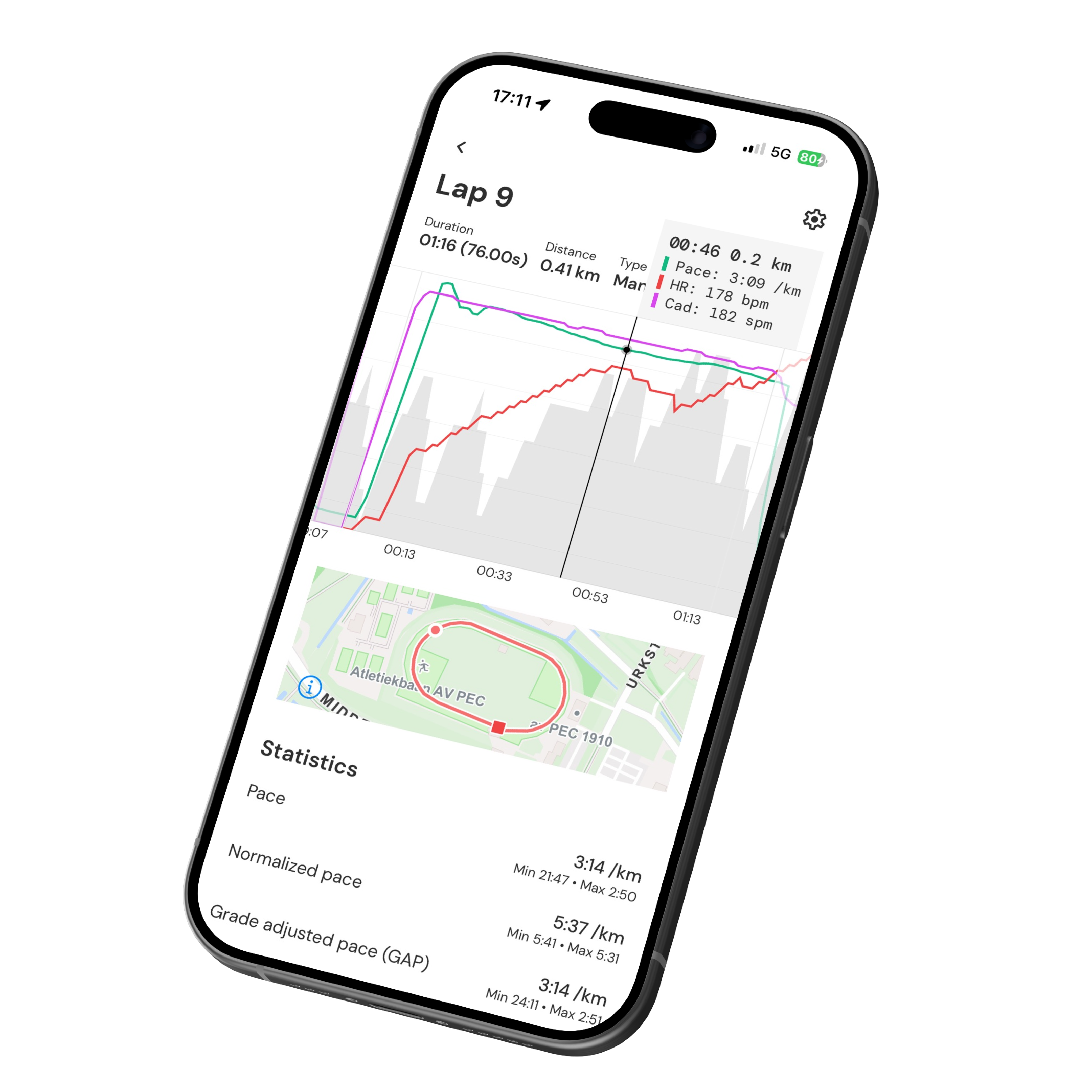 Tracka app displaying the lap overview screen