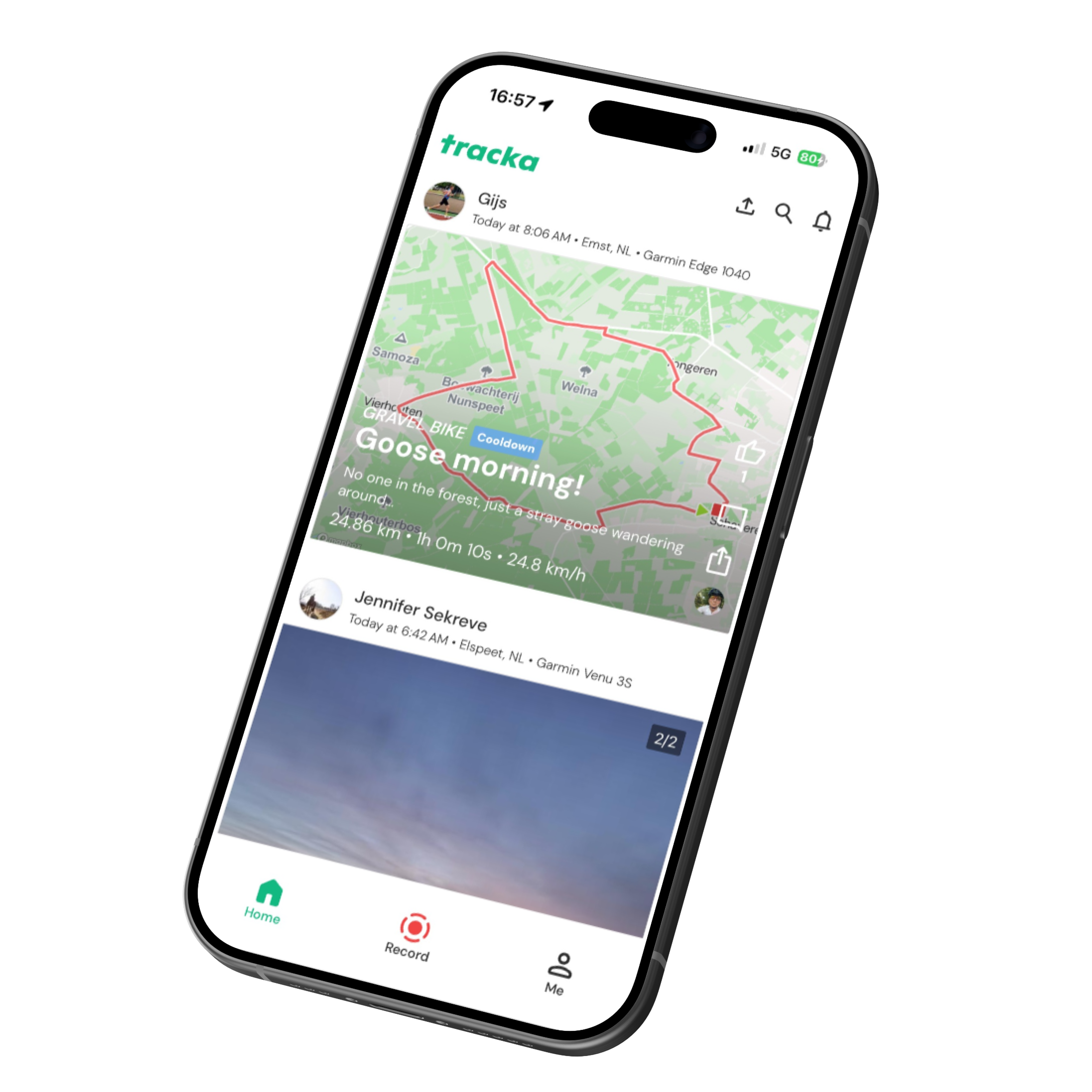 Tracka app displaying the home feed