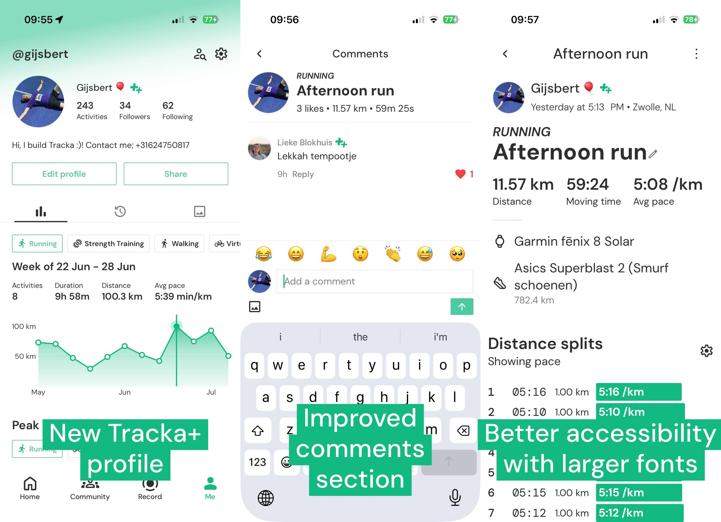 An images showning three screenshots with improvements to the Tracka app.